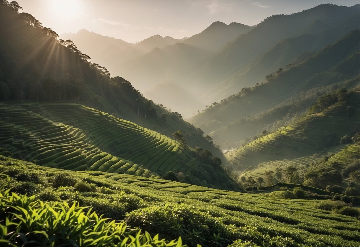 Sunlight filters through misty mountains onto lush green terraces, where tea plants thrive. A gentle breeze carries the scent of fresh leaves as farmers carefully tend to their cultivation