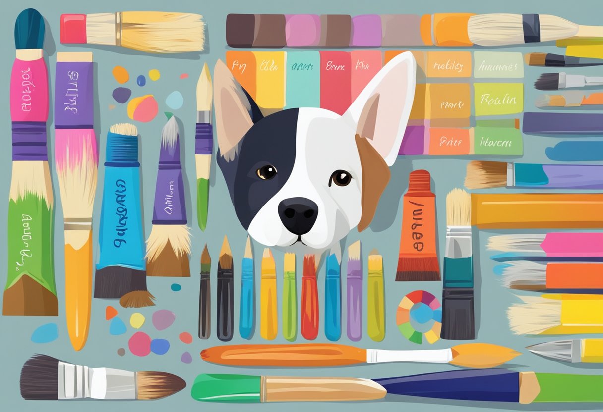 A colorful palette of paintbrushes and a canvas with "Artist-Inspired Dog Names" written in bold letters. A variety of dog breeds are depicted around the canvas, each with a unique name