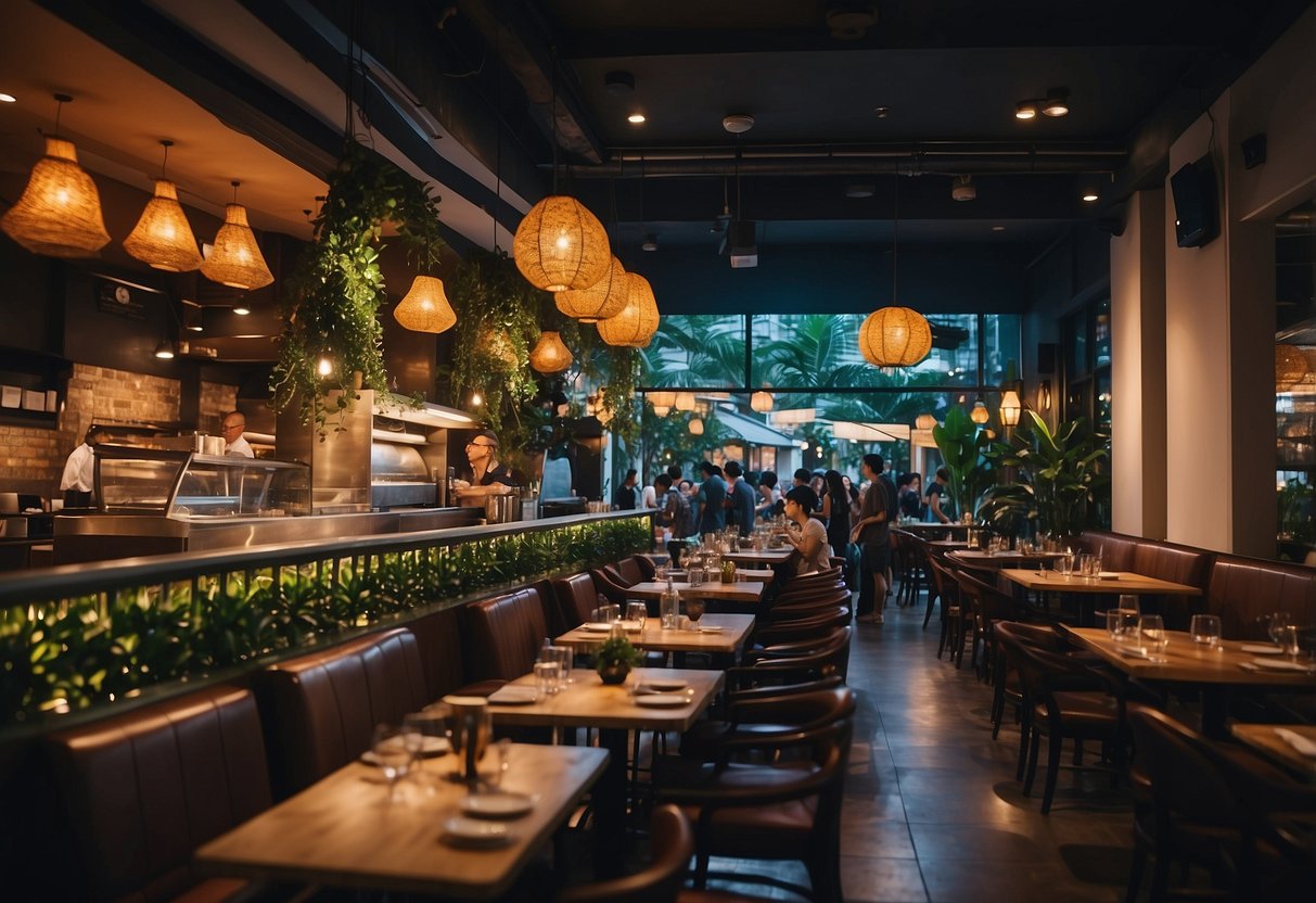 A bustling restaurant in Singapore with colorful decor, dim lighting, and a lively atmosphere. Tables are filled with patrons enjoying delicious food and drinks