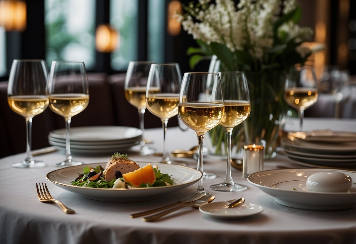 A table set with elegant dishes and wine glasses at Olivia Restaurant, Singapore. The menu is displayed, with a focus on the exquisite details