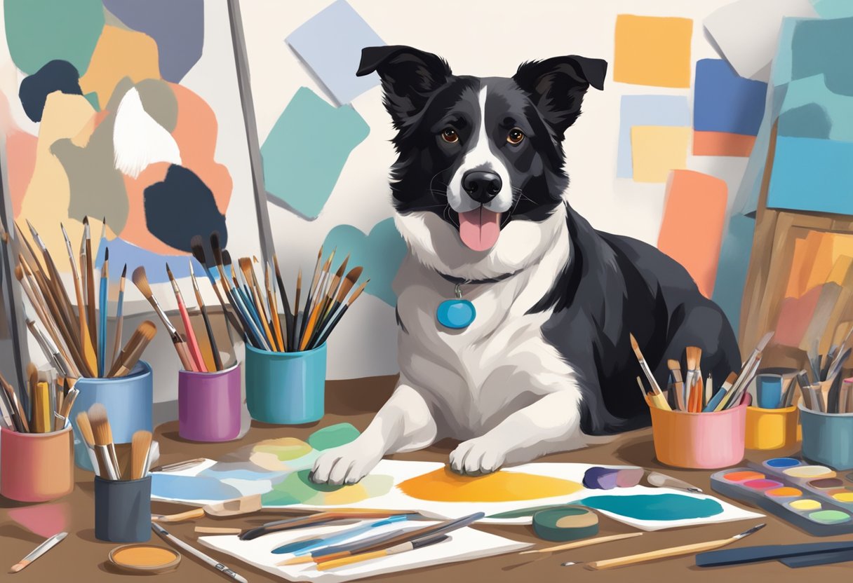 A female dog sits surrounded by art supplies and paintings, with a palette and brush in her mouth, looking inspired and creative