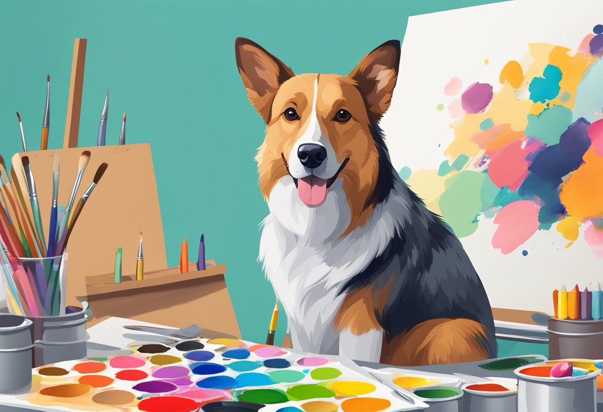 A male dog with a paintbrush in its mouth, surrounded by colorful paint palettes and art supplies. The dog is sitting in front of a canvas, ready to create a masterpiece