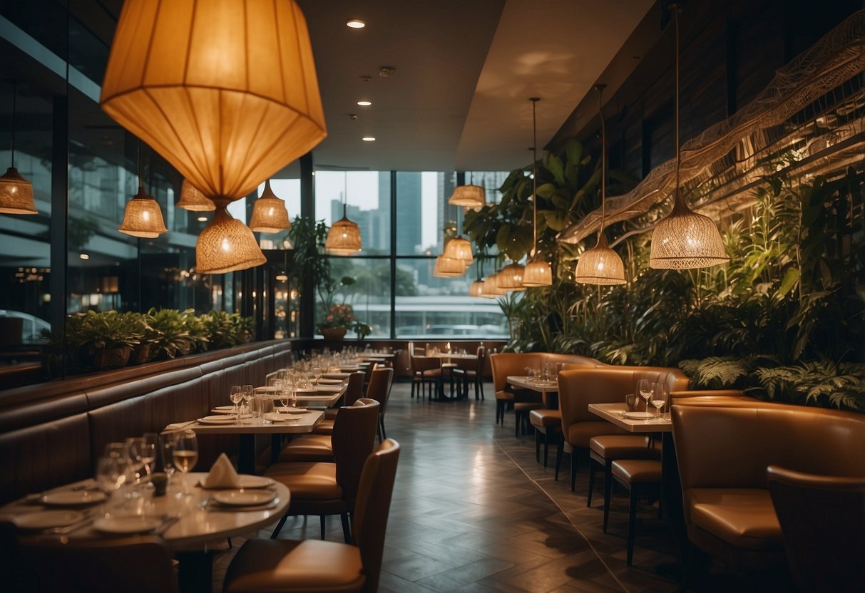 The bustling Olivia restaurant in Singapore exudes a lively and vibrant atmosphere with elegant decor, dim lighting, and the sound of clinking glasses and laughter filling the air