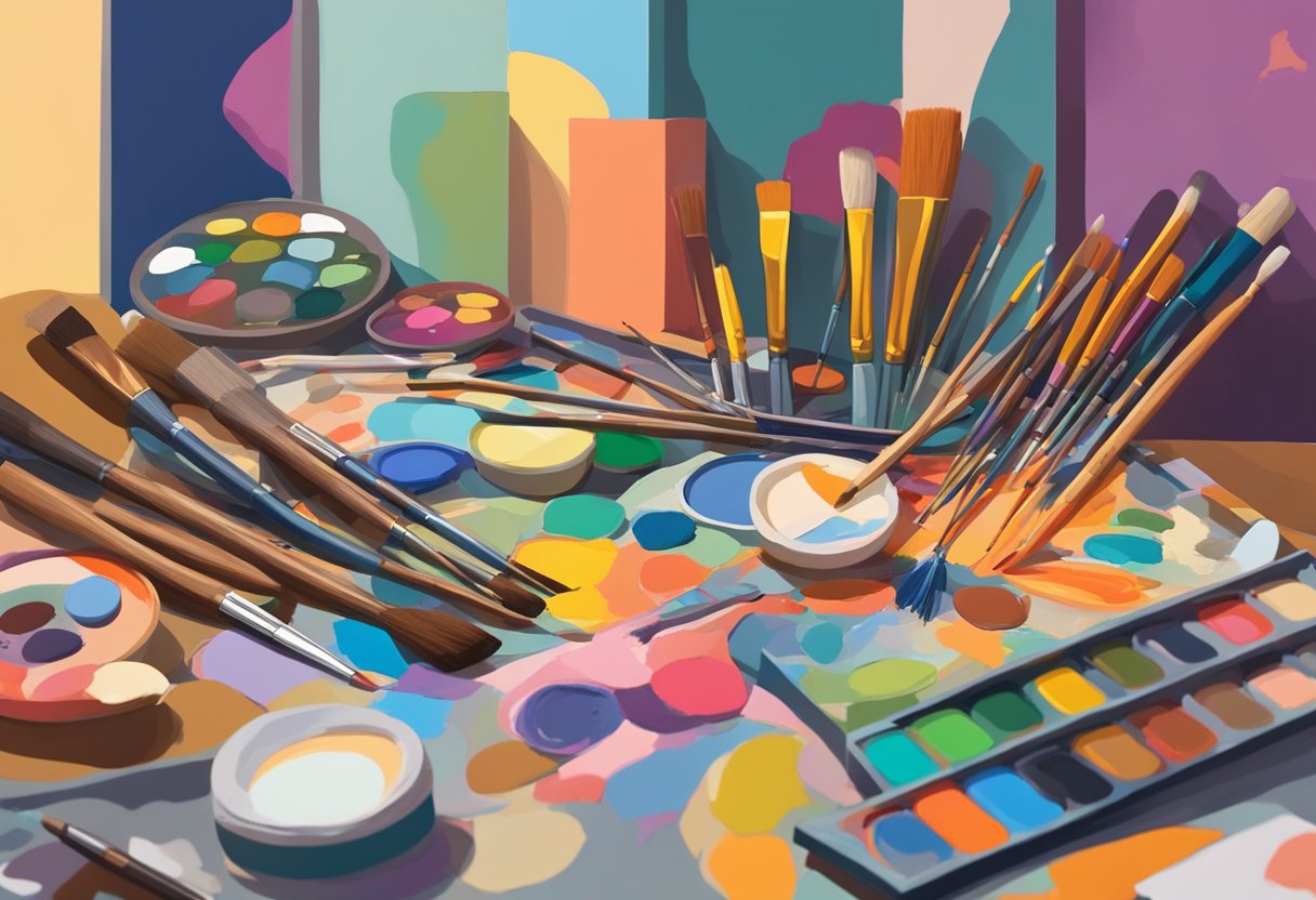 A palette of vibrant colors and paintbrushes scattered around a cozy studio, with a canvas featuring famous artists' names and their iconic works