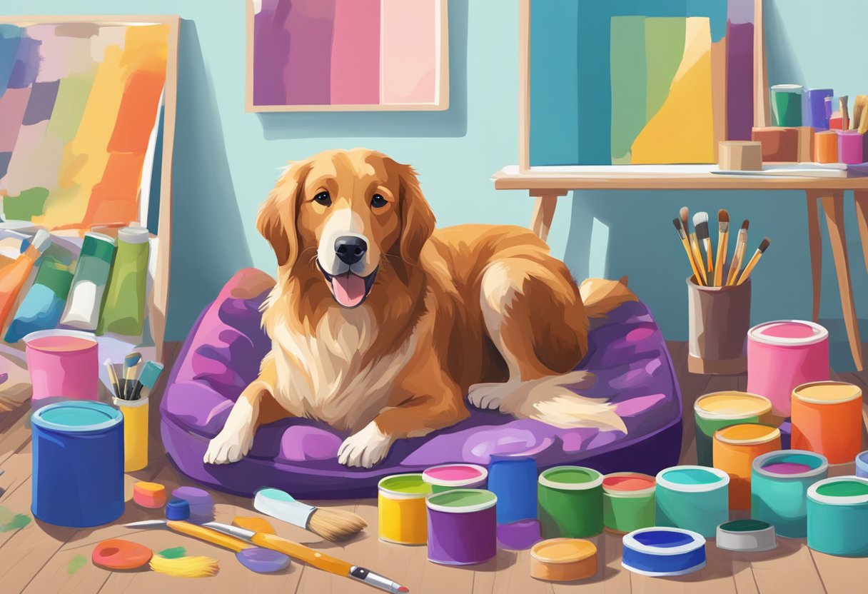 A colorful palette of paint tubes and brushes scattered around a dog bed, with a furry friend happily sitting in the middle