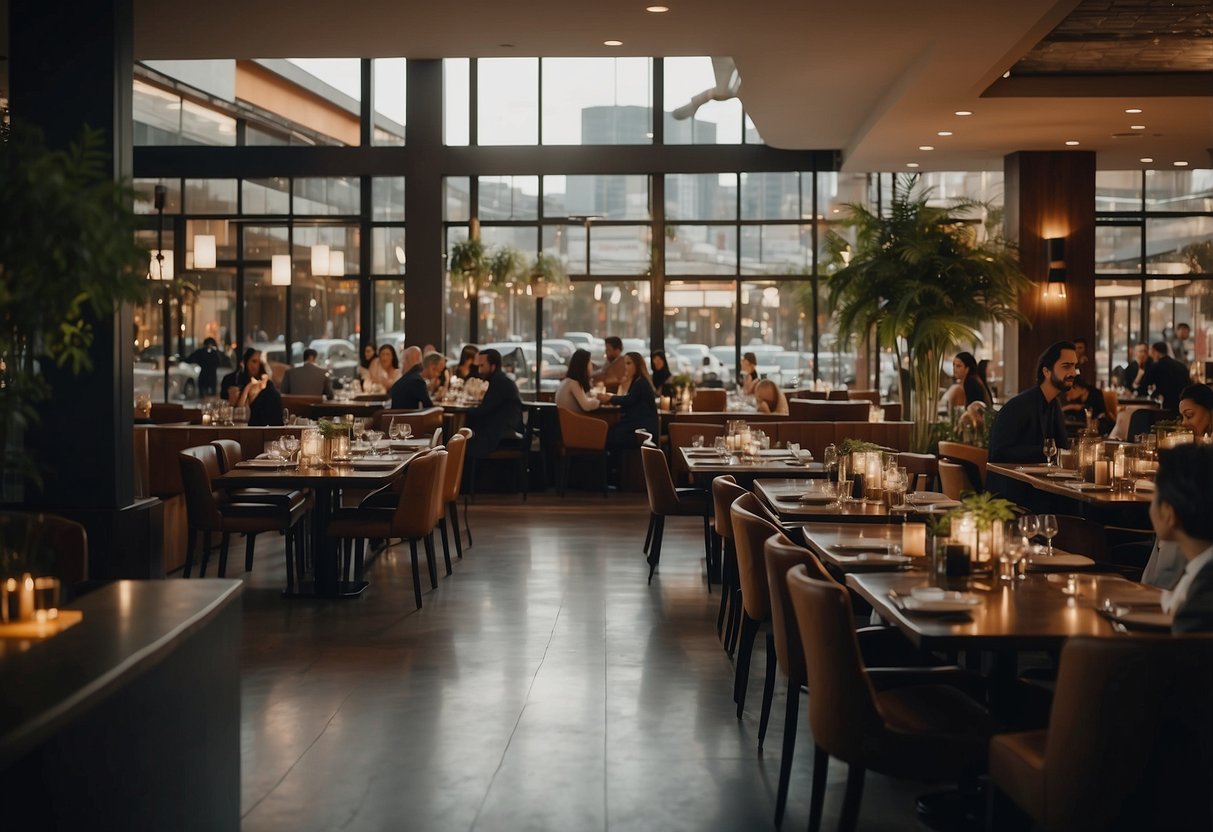 A bustling restaurant with a modern interior, filled with diners enjoying their meals and staff moving briskly to attend to their needs