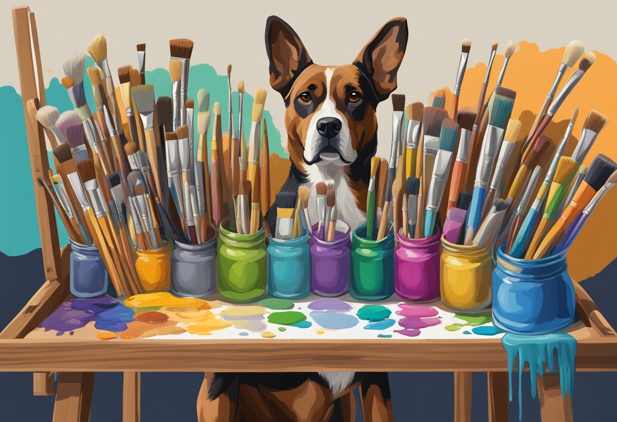 A colorful palette of paintbrushes and tubes of paint arranged on a wooden artist's easel, with a canvas featuring various dog breeds and their corresponding art-inspired names