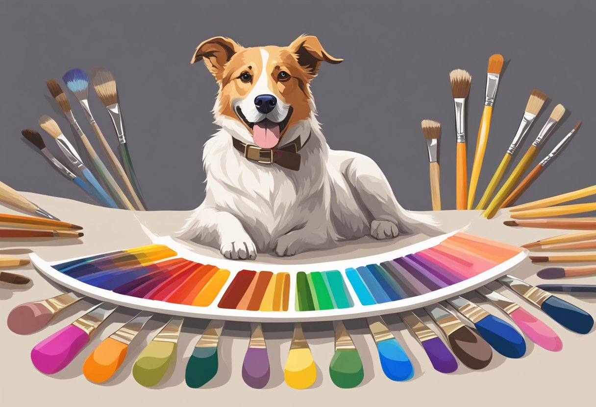 A colorful palette of famous artist names surrounds a happy dog, who wags its tail in front of a canvas with paintbrushes and a beret