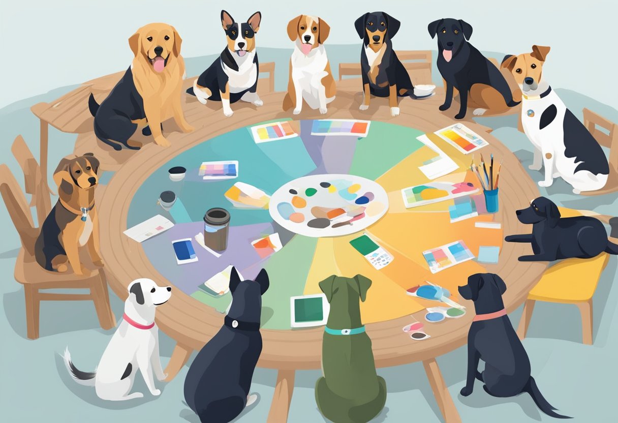 A group of dogs sit in a circle, each wearing a nametag with an artist's name. Paintbrushes and palettes are scattered around them