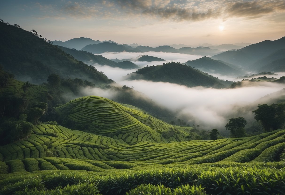 Lush green tea fields surrounded by misty clouds, showcasing conservation efforts