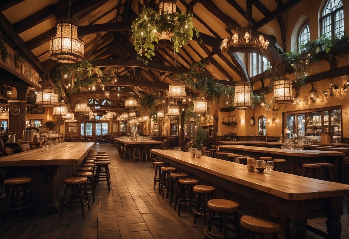 A bustling German beer hall with wooden tables, hanging lights, and a large bar, adorned with traditional Bavarian decorations