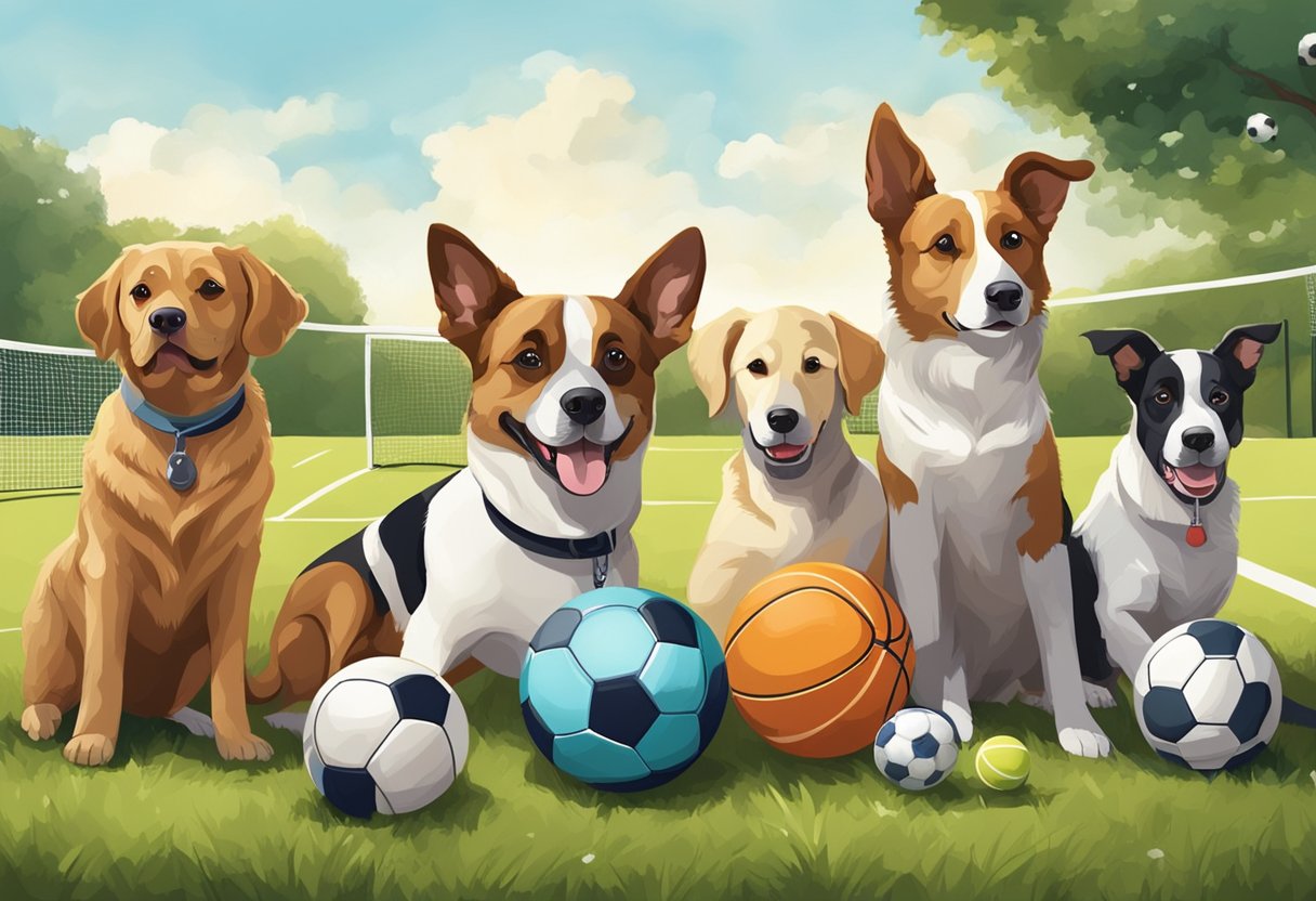A group of dogs playing with various sports equipment, such as soccer balls, tennis rackets, and basketballs, in a park or open field