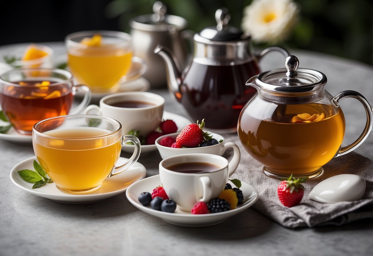 A table set with various dessert teas, including fruit-infused, chocolate, and floral blends, accompanied by delicate teacups and saucers