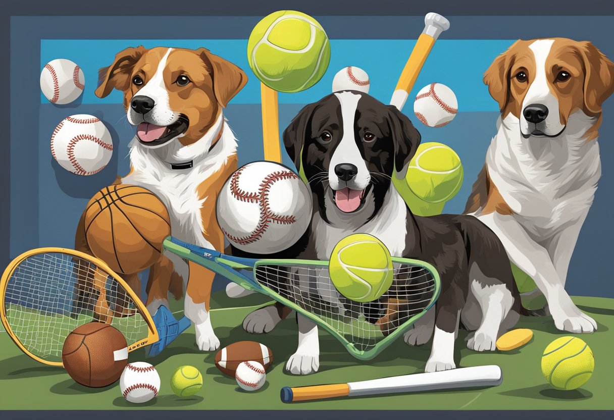 A group of dogs playing with sports equipment, such as tennis balls, baseball bats, and footballs, with sports-related names displayed in the background