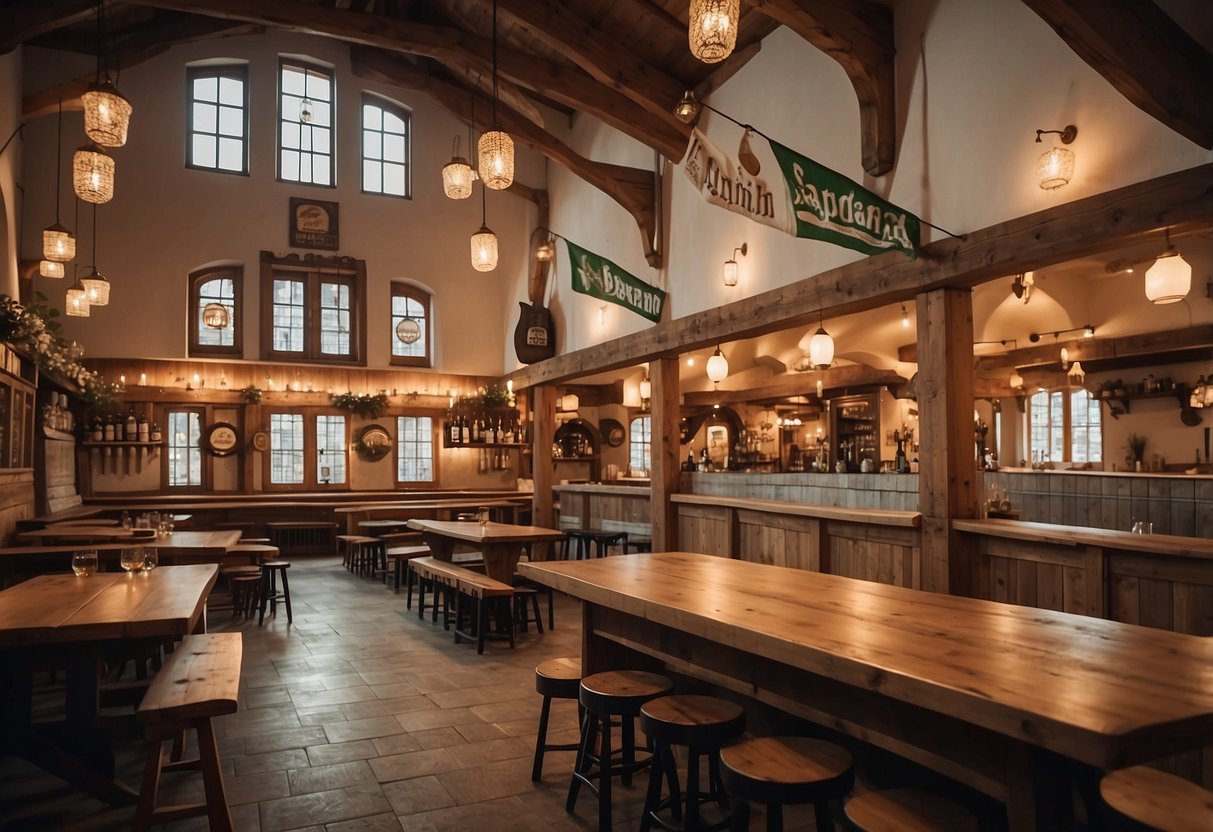 A traditional Bavarian beer hall with wooden tables, benches, and a large bar. The walls are adorned with beer steins and Bavarian flags, while the aroma of freshly brewed beer fills the air