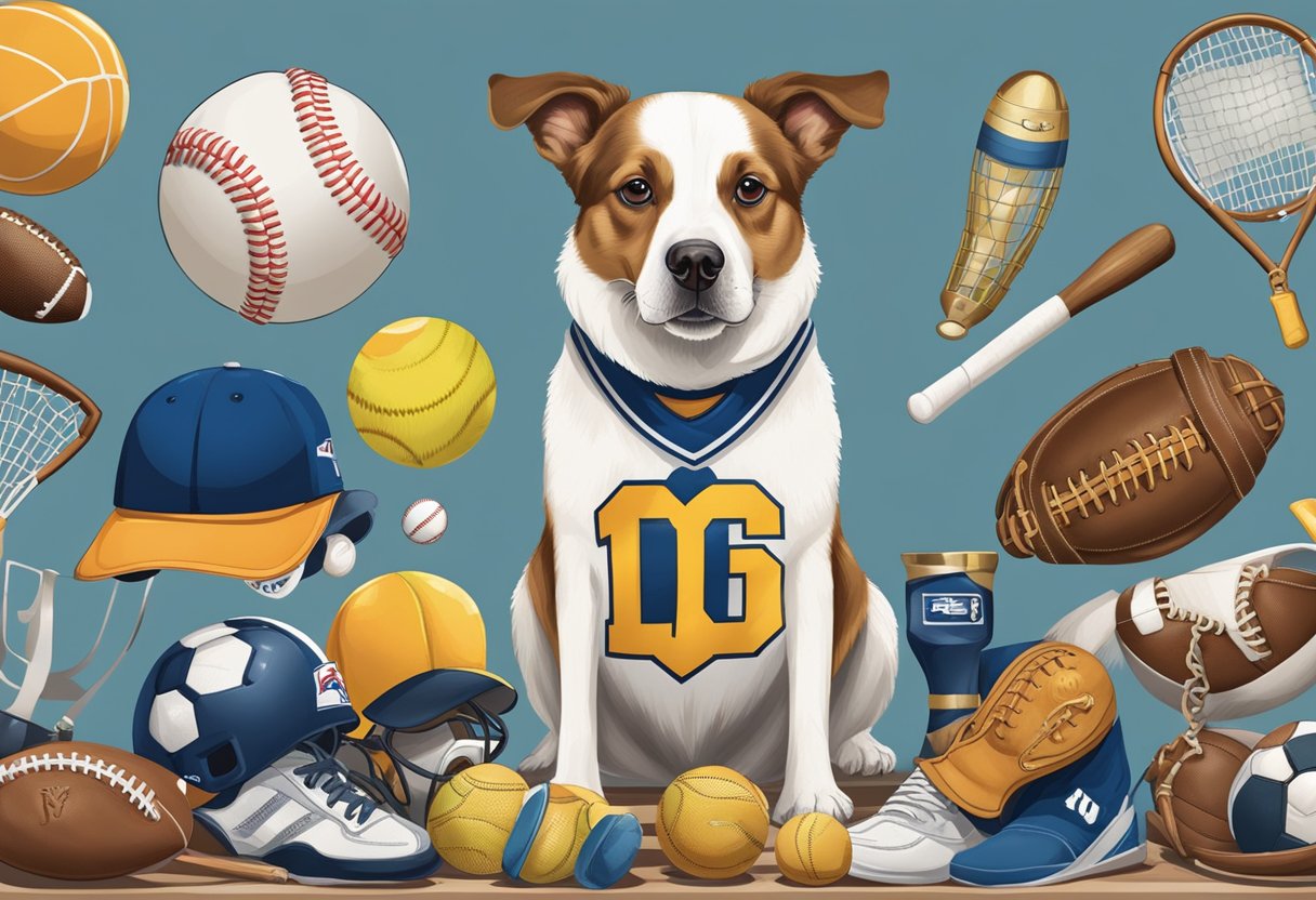 A dog wearing a jersey, holding a baseball in its mouth, surrounded by sports equipment and trophies