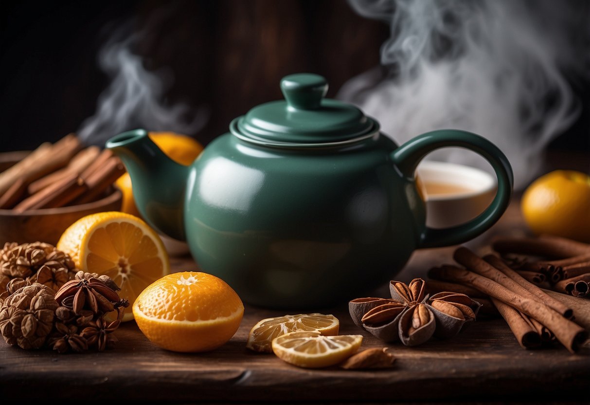 A teapot steams on a stove, surrounded by various dessert tea ingredients like cinnamon sticks, vanilla pods, and dried fruit