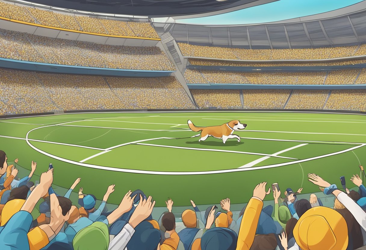 A dog catching a frisbee mid-air in a stadium filled with cheering fans