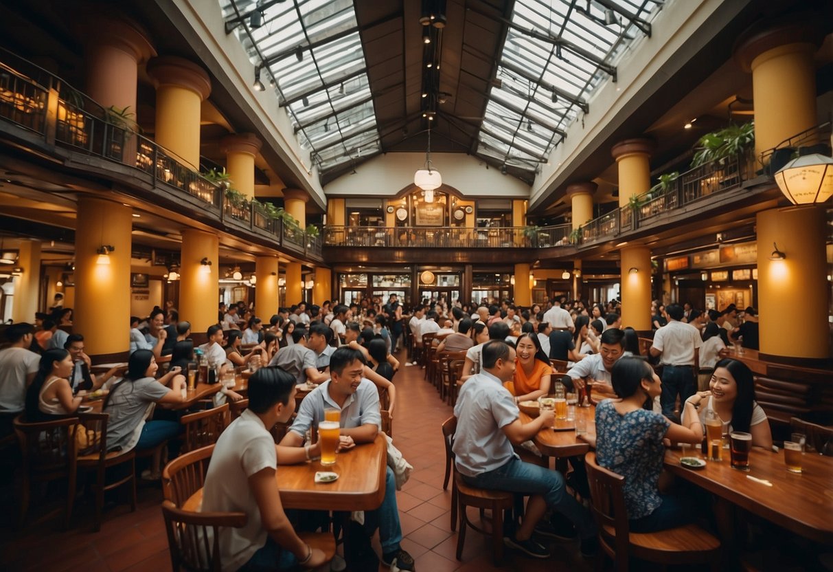 The Paulaner Brauhaus in Singapore is filled with bustling activity as patrons enjoy freshly brewed beer and participate in lively events