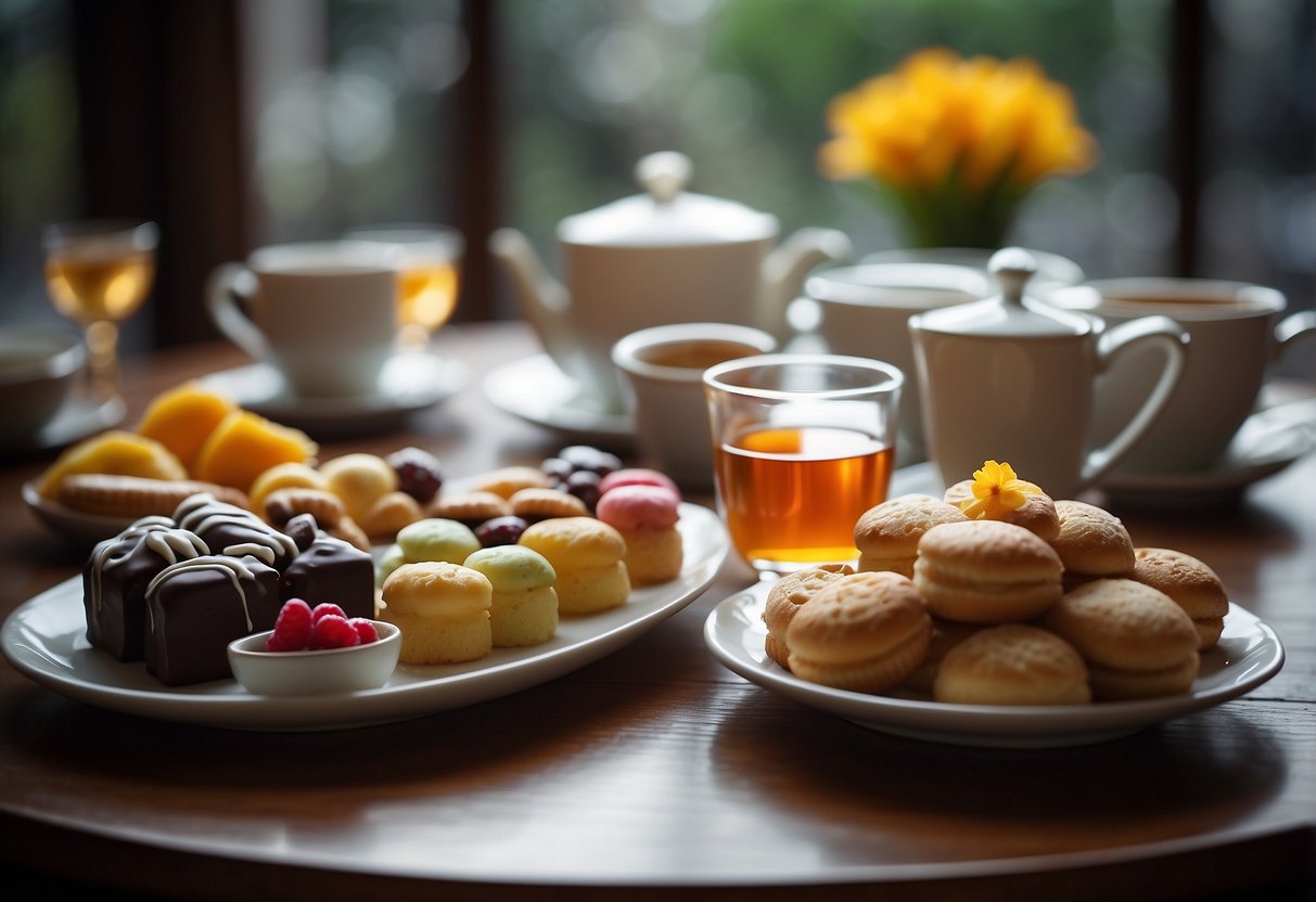 A table set with a variety of sweet treats, accompanied by steaming cups of dessert tea. The warm, inviting scene suggests a cozy and indulgent atmosphere