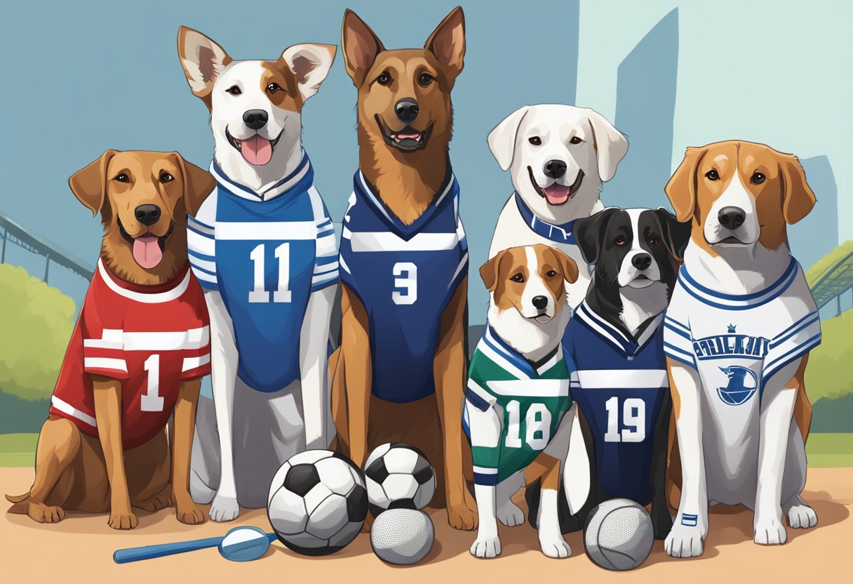 A group of dogs wearing sports jerseys and holding various sports equipment, standing together with a banner that reads "Team Spirit Dog Names."