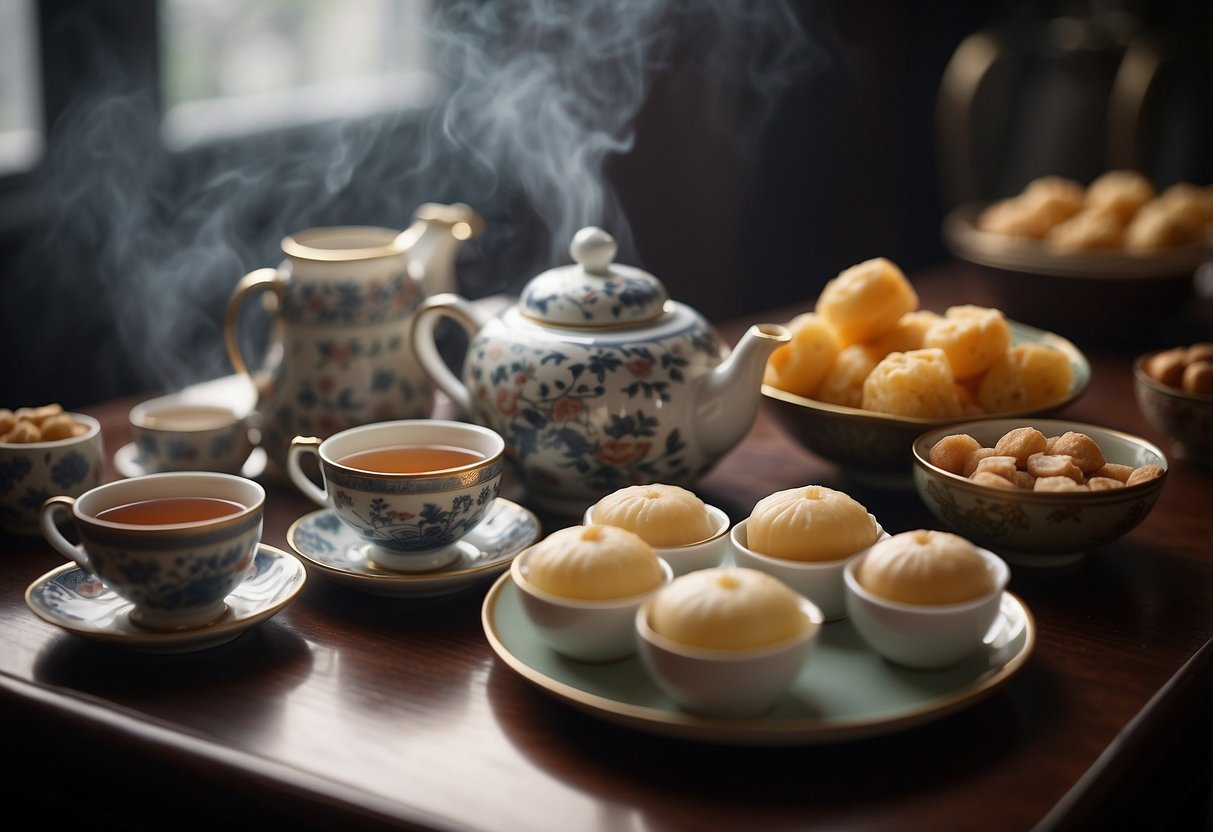 A table set with delicate teacups, a steaming pot of dessert tea, and traditional Chinese tea snacks, symbolizing the cultural significance of dessert tea