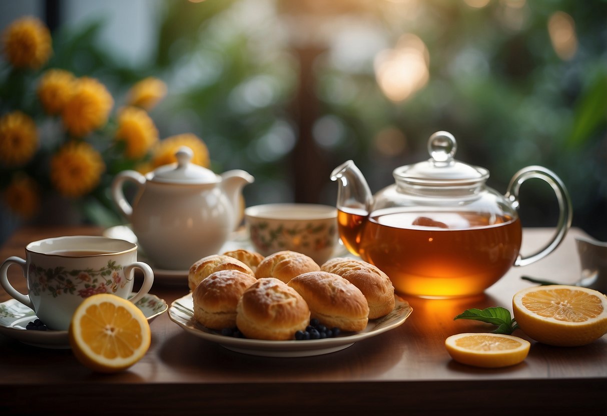 A table set with various tea flavors, fresh fruits, and pastries. A teapot steaming with fragrant dessert tea. A cozy atmosphere with soft lighting and decorative teacups