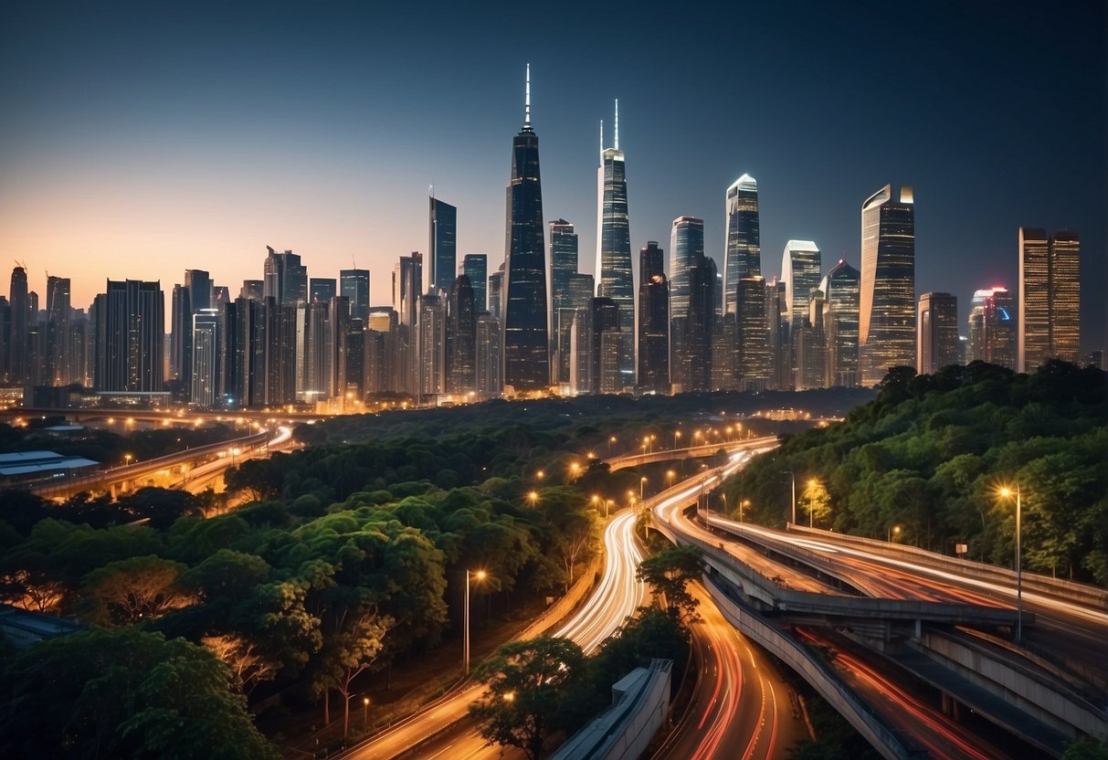A bustling cityscape with iconic skyscrapers and a modern skyline, set against a backdrop of lush greenery and vibrant street life