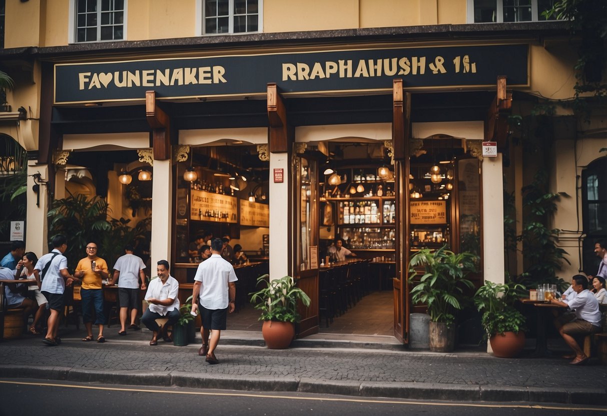 A bustling brewery with a large sign reading "Frequently Asked Questions paulaner brauhaus singapore" above the entrance, surrounded by happy patrons enjoying their drinks and conversations