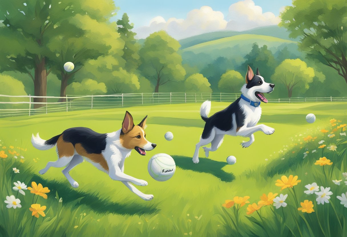 Animals frolic in a lush, green meadow with names like "Fawn" and "Sable" written in the grass. A dog named "Ace" plays fetch with a tennis ball nearby