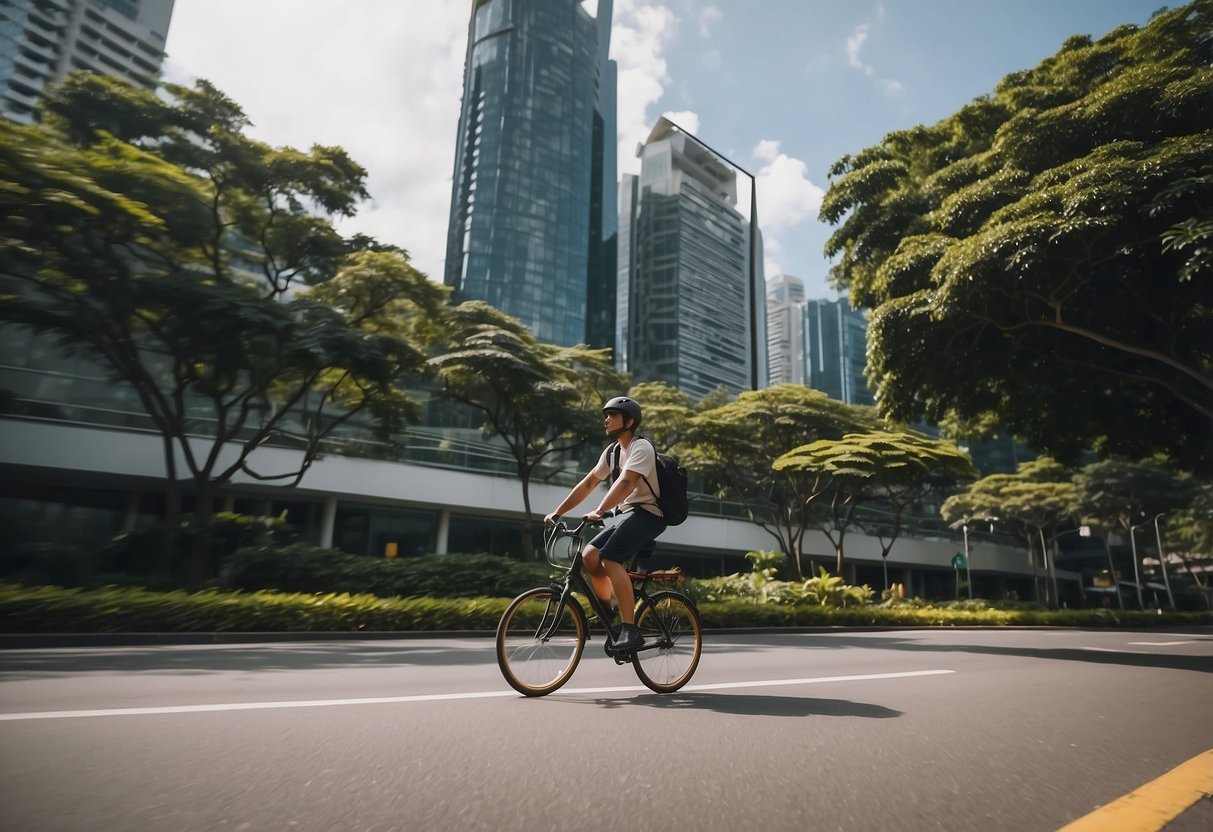 A person riding a PMD on a wide, clean sidewalk in Singapore, passing by modern buildings and lush greenery