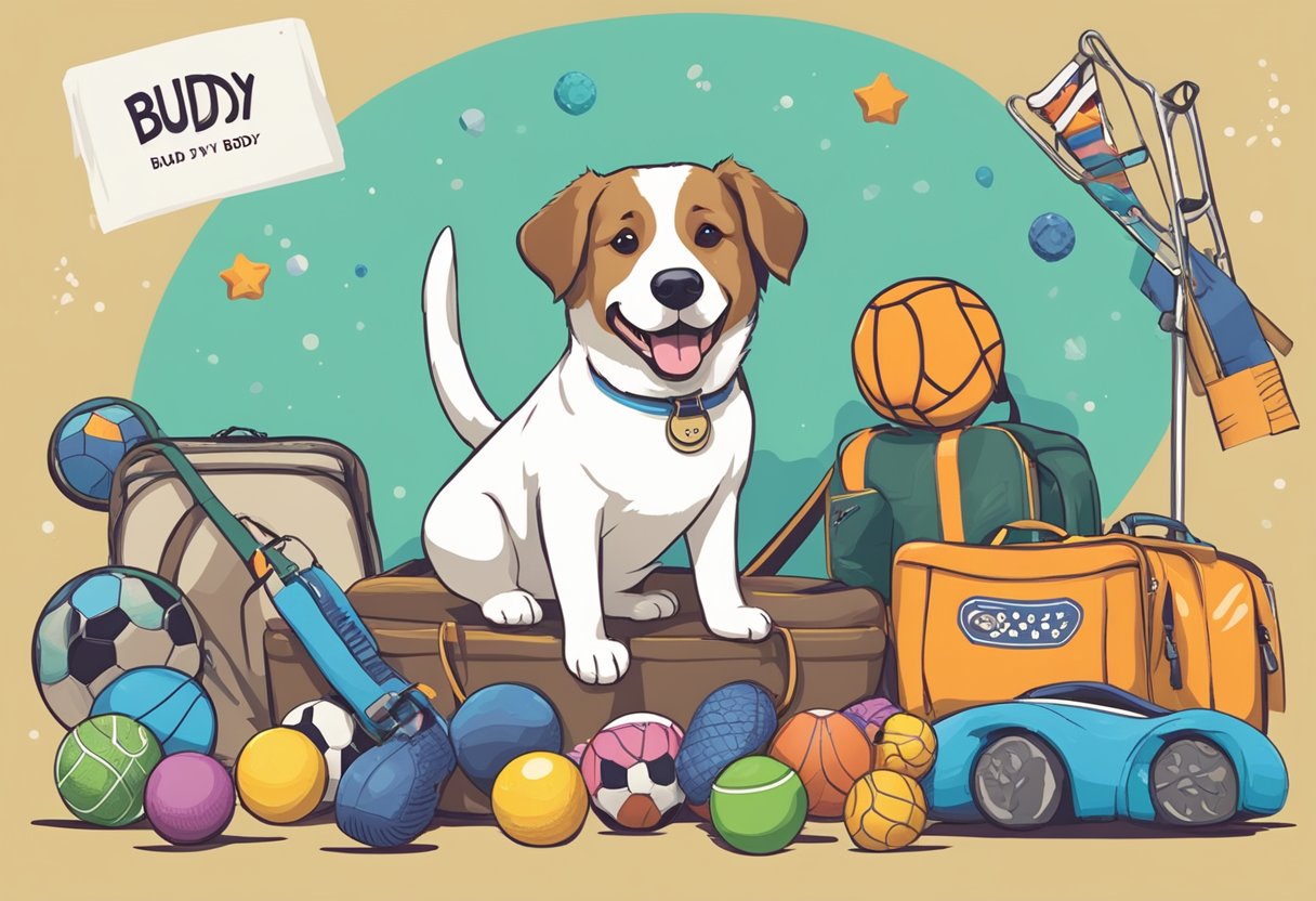 A happy dog wagging its tail, surrounded by toys and sports equipment, with name tags like "Buddy" and "Ace" displayed nearby