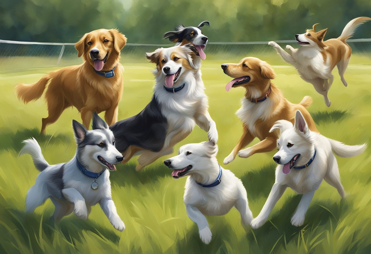A group of energetic dogs playing on a grassy field, each named after a unique sports term, such as "Slam" or "Ace."