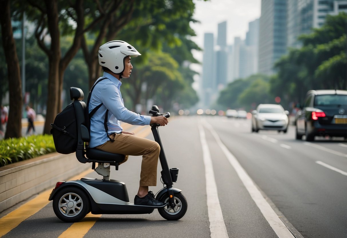 A person riding a personal mobility device (PMD) on a designated path, following traffic rules and wearing a helmet in Singapore