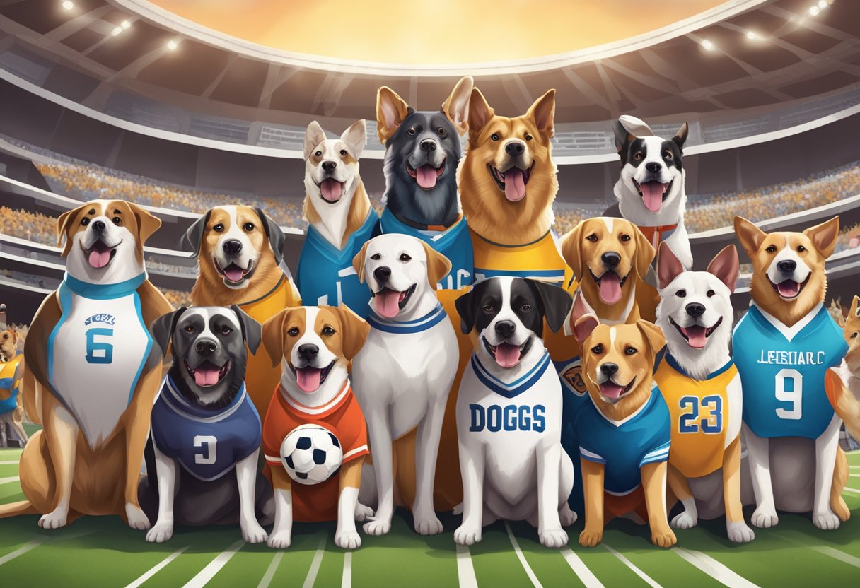 A group of dogs wearing sports jerseys and holding various sports equipment, standing in a stadium with a crowd cheering in the background