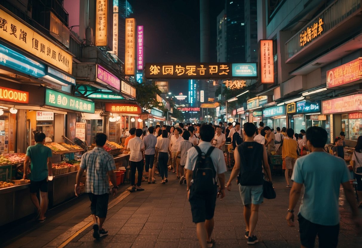 A bustling city street in Singapore, with vibrant signs and neon lights, showcasing the excitement and energy of Prime Video's presence in the country