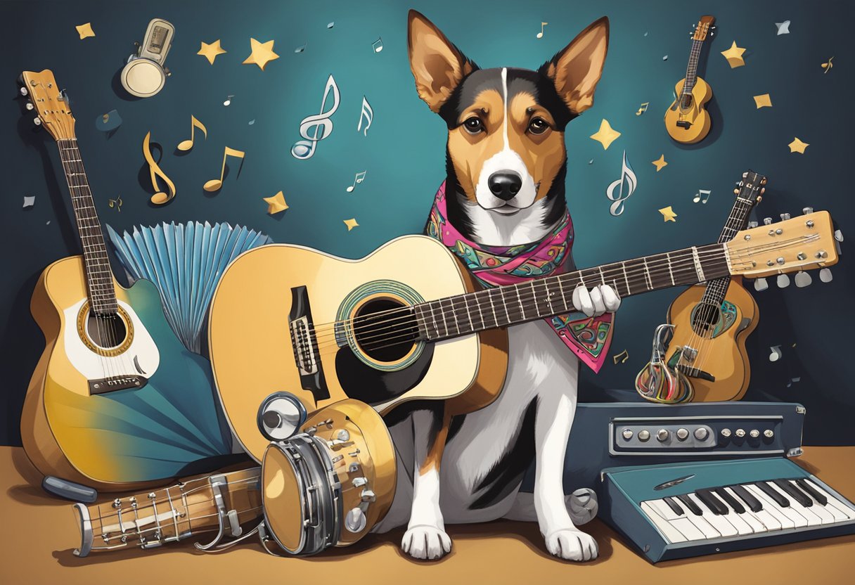A dog wearing a bandana sits beside a guitar, surrounded by musical notes and instruments