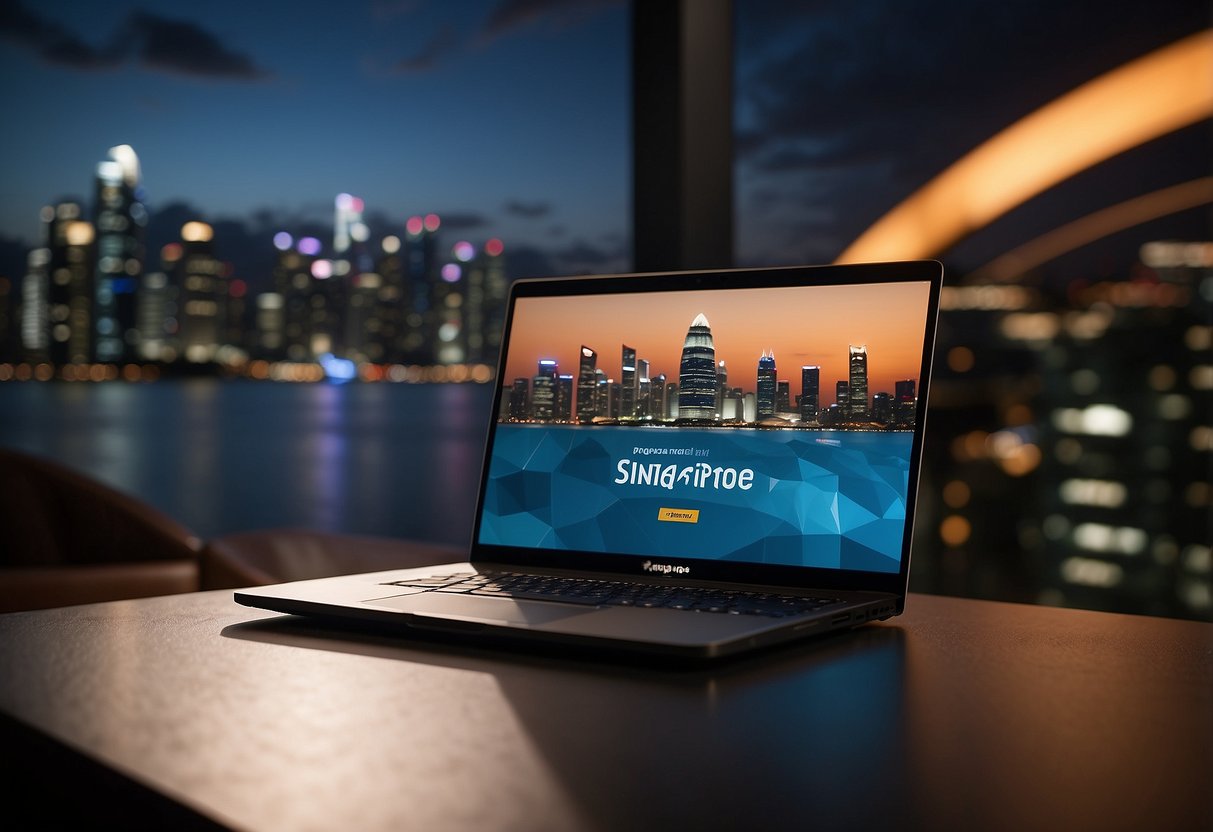 A laptop displaying the Prime Video homepage with the Singapore flag in the background