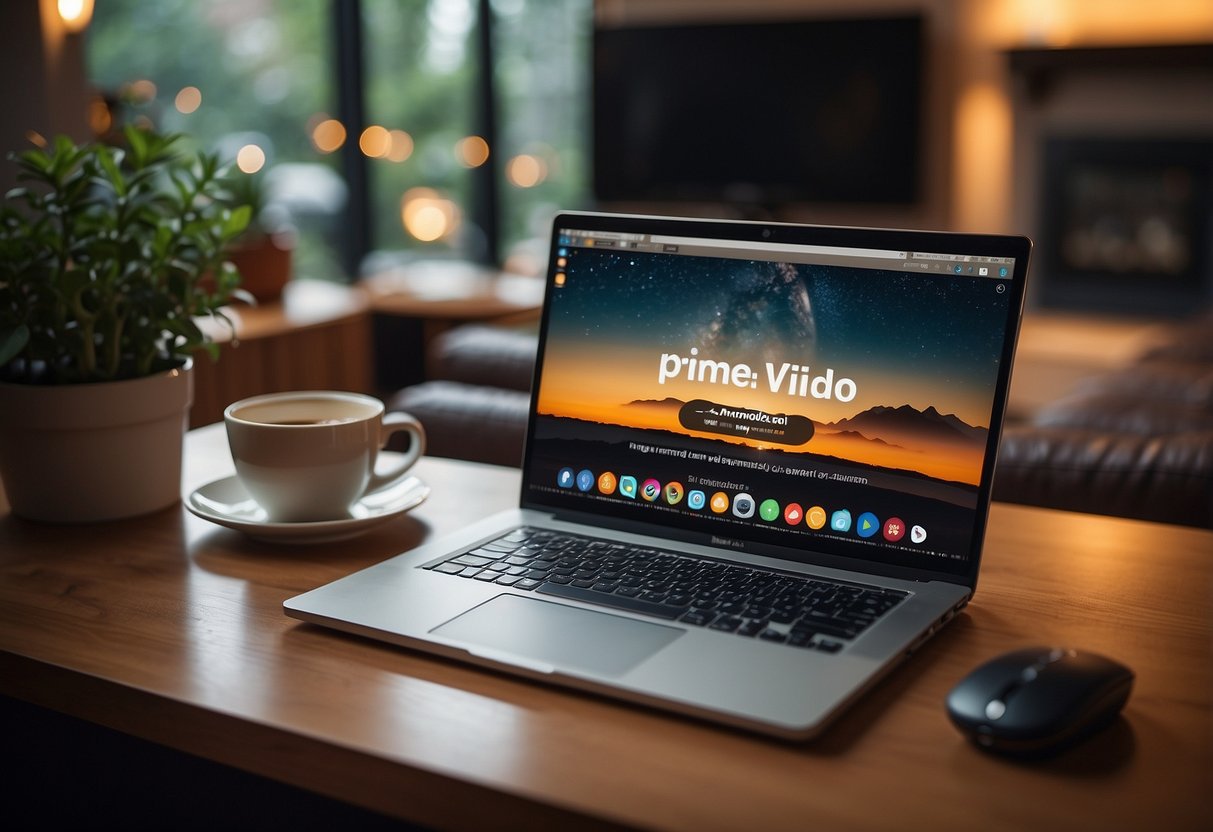 A laptop with the Prime Video logo displayed on the screen, surrounded by a cozy living room setting with a TV and comfortable seating