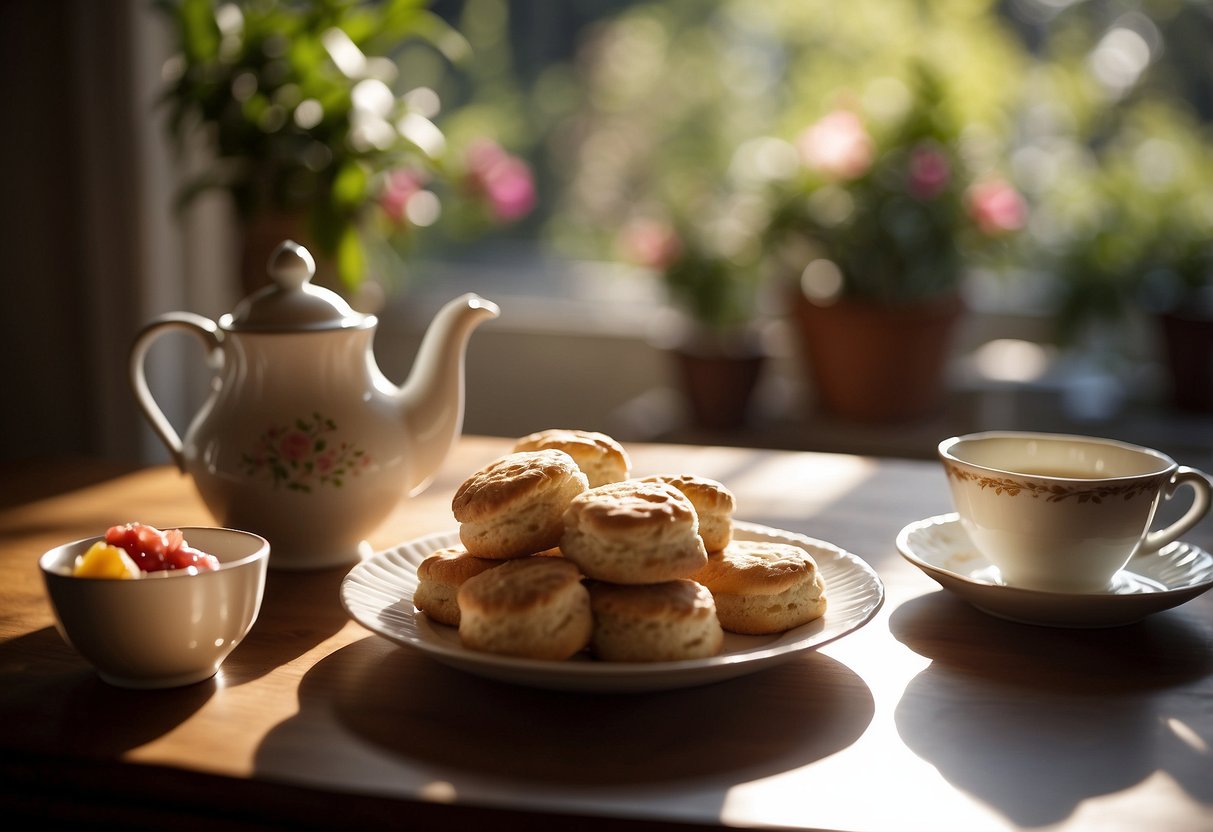 A table set with a teapot, teacups, and saucers, with a plate of scones and jam. Sunlight streams through a window, casting shadows on the table