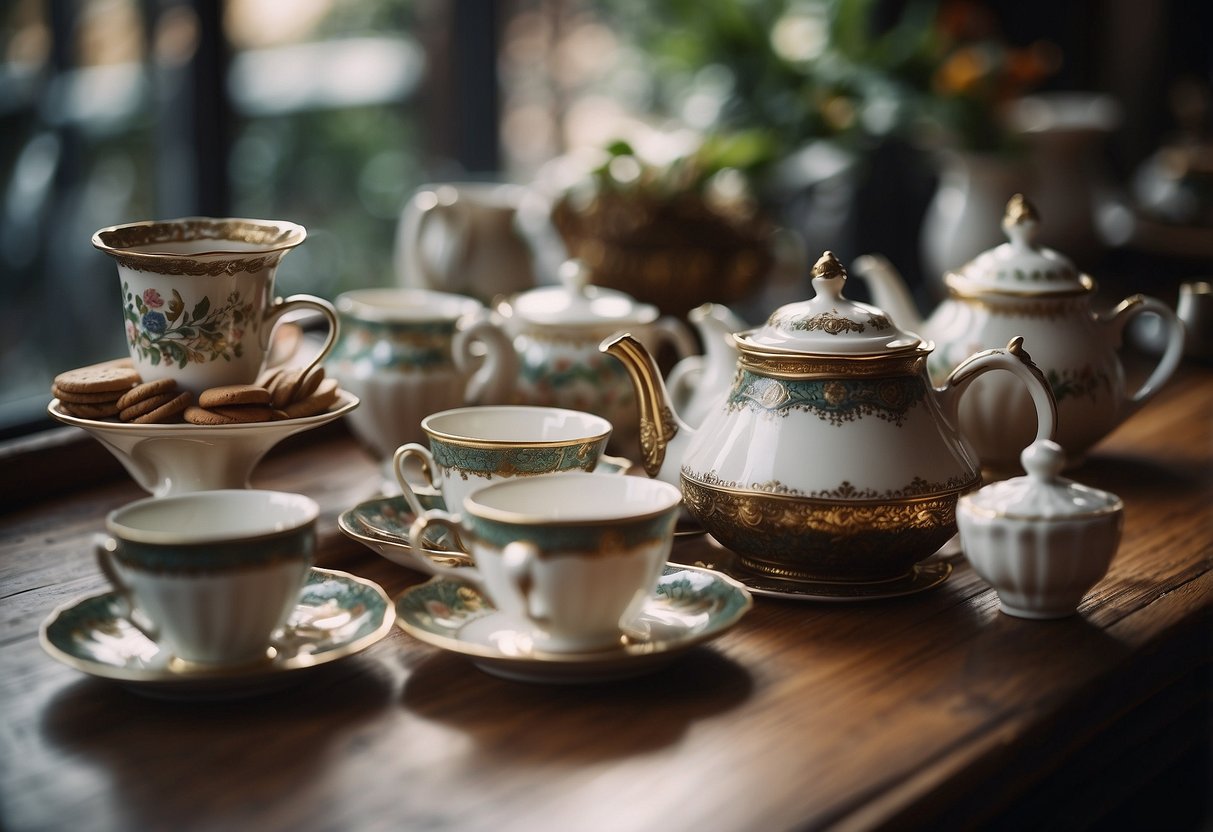 A vintage tea shop with elegant teapots and cups, showcasing the historical origin of Earl Grey and English Breakfast teas