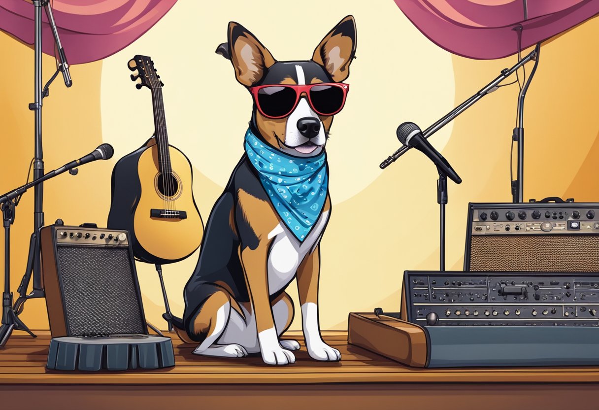 A dog wearing sunglasses and a bandana, standing on a stage with musical instruments in the background