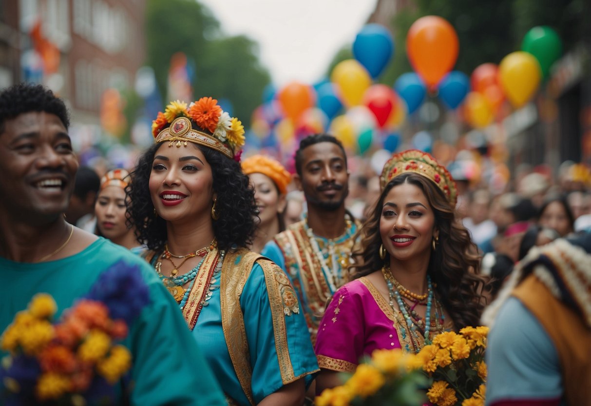 A diverse group of people of different ethnicities and cultures come together in a colorful and vibrant parade, symbolizing unity and racial harmony