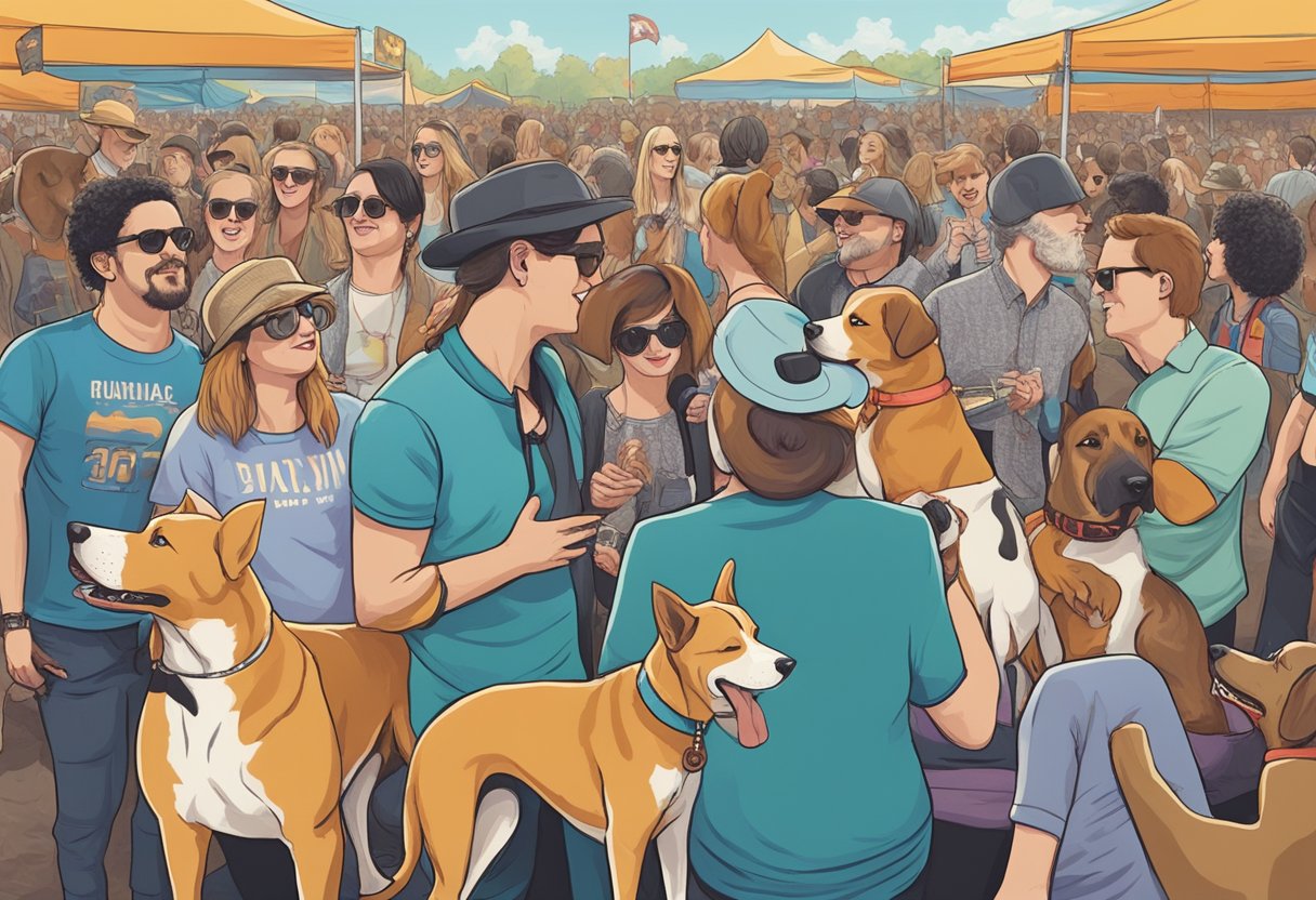 Dogs with names like Bowie, Hendrix, and Madonna interact with owners at a music festival, showcasing the cultural impact of musicians on dog naming