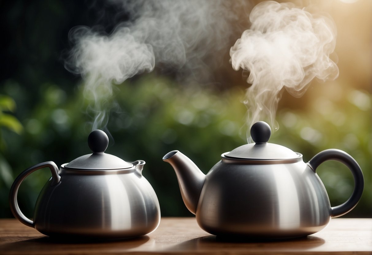 Steam rises from two teapots, one with loose leaf earl grey, the other with english breakfast. A timer ticks as the tea brews