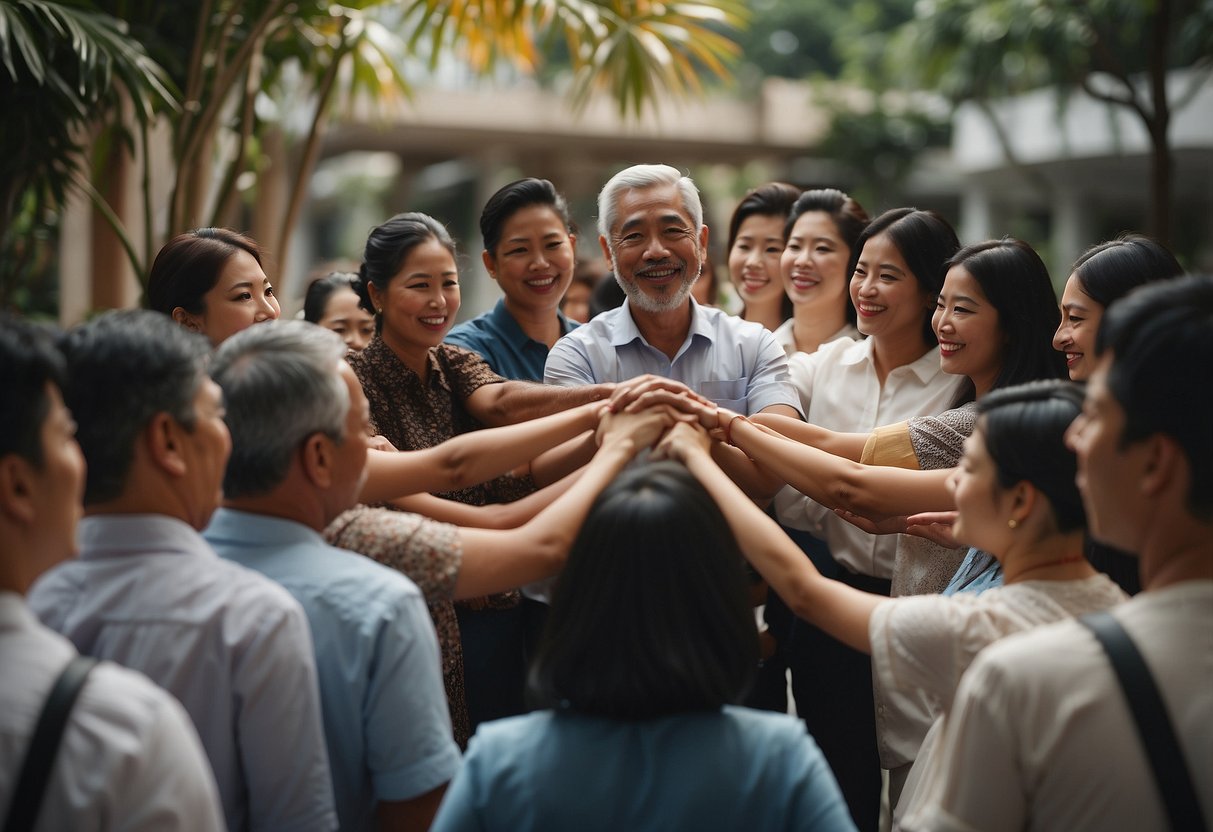 A diverse group of people from different ethnic backgrounds come together in a symbolic gesture of unity, holding hands and standing in a circle to celebrate racial harmony day in Singapore