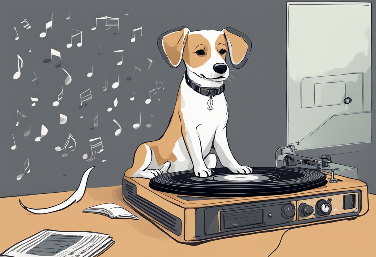 A dog sitting next to a record player, with musical notes floating around its head, as it listens to its owner brainstorming musician-inspired names