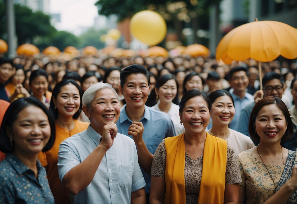 A diverse group of people from different cultural backgrounds coming together to celebrate racial harmony day in Singapore. The scene includes various cultural symbols, educational materials, and a sense of unity and integration