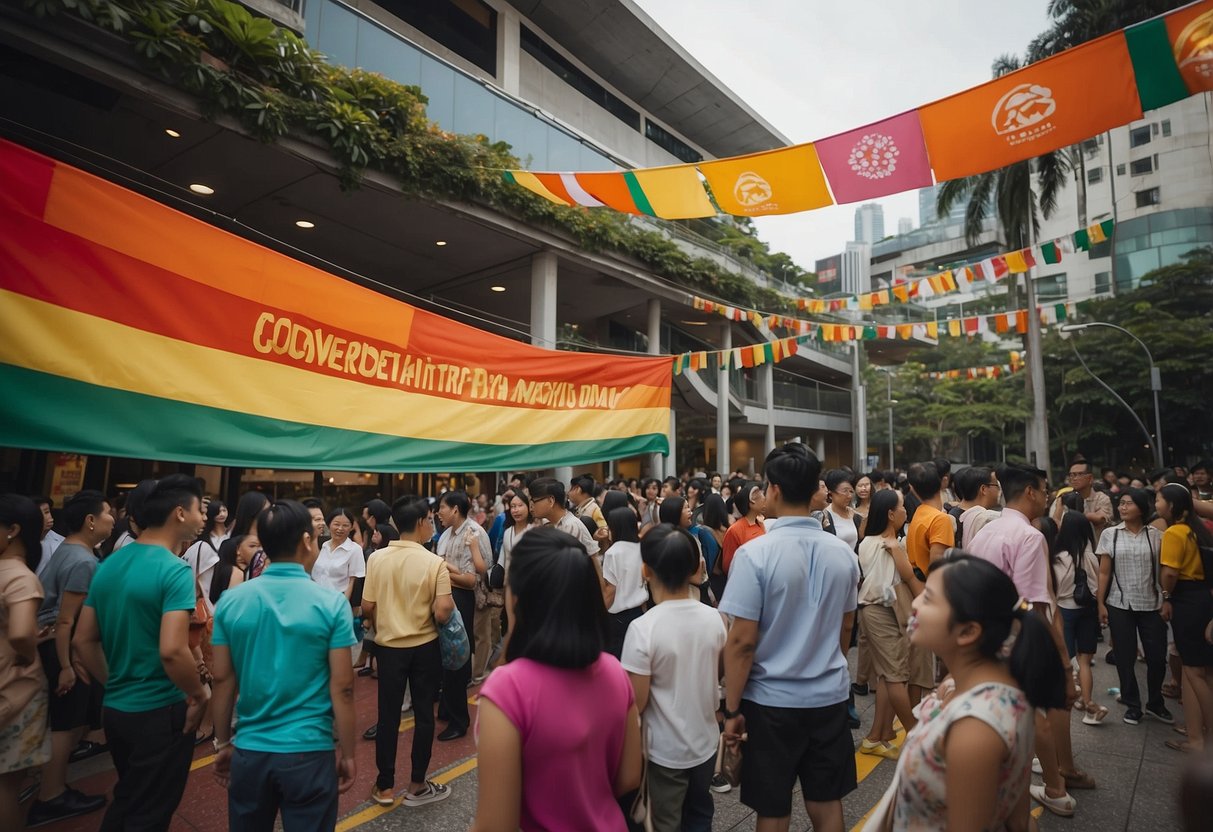 People of diverse backgrounds converse under a colorful banner for Racial Harmony Day in Singapore