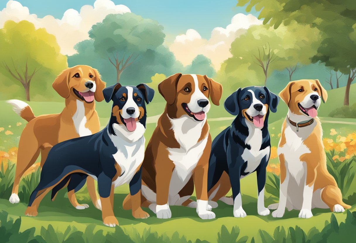 A group of dogs with unique personalities and traits, such as "Brave" and "Joyful," playfully interact in a vibrant, outdoor setting